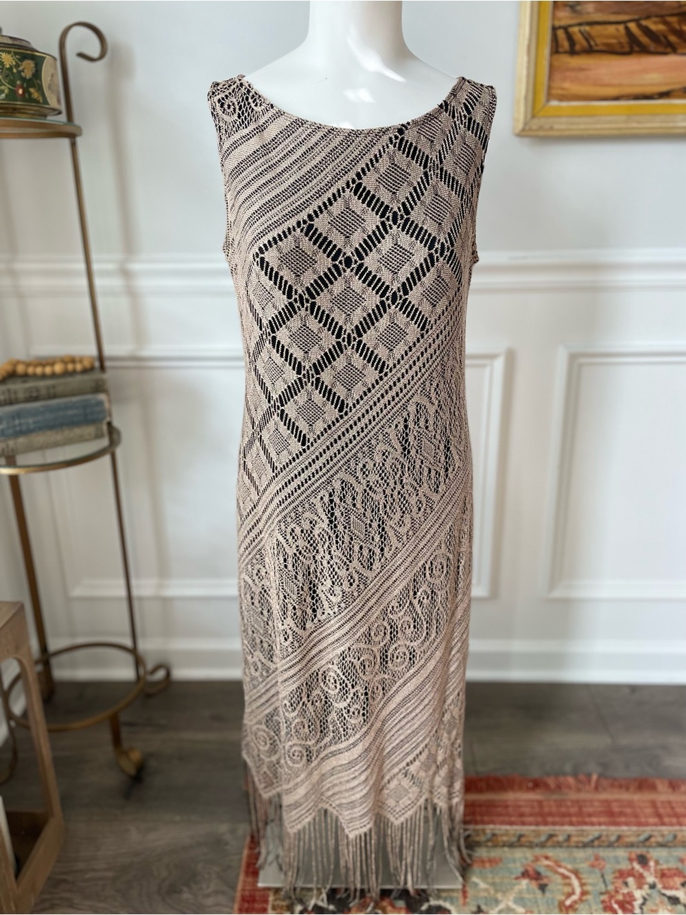 Sassy 90’s Neutral Beige Crochet Fringe Midi Dress